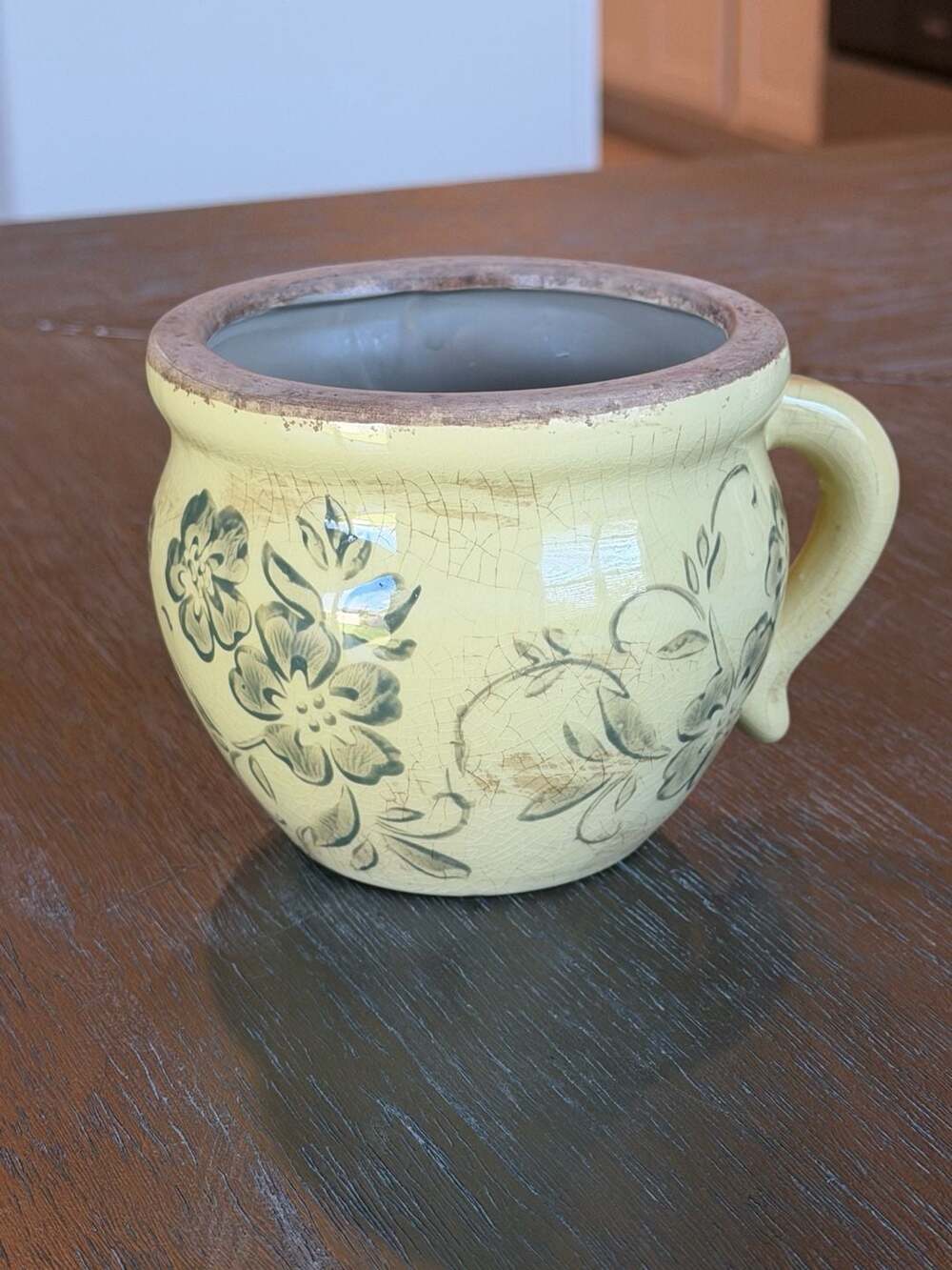Vintage Green Crackle Glaze Ceramic Planter Pot with Handle Floral Motif